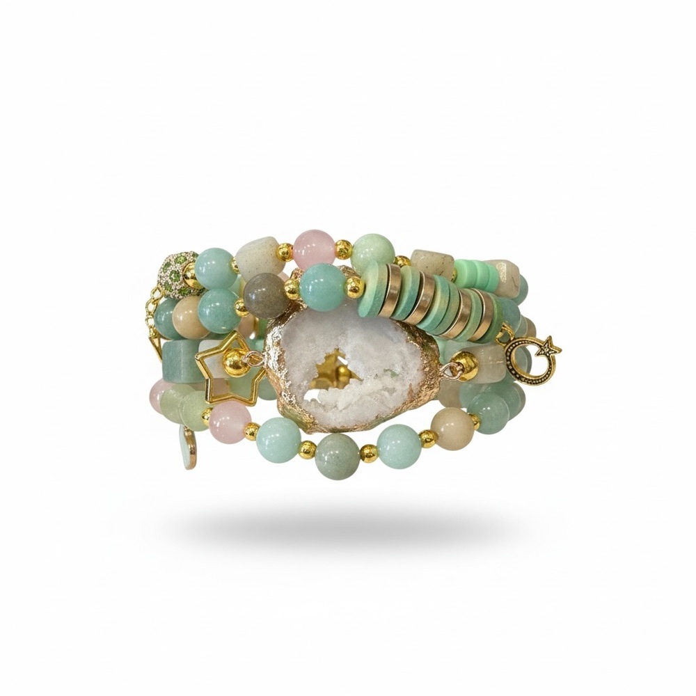 Gold & Mint Druzy Beaded Wrap Bracelet - Multi-Color
